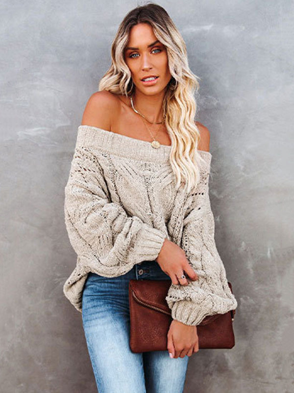 flowersverse Vintage Long Sleeves Loose Solid Color Off-The-Shoulder Sweater Tops