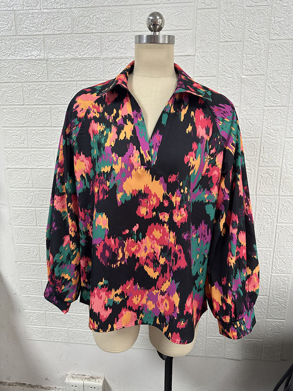 flowersverse Printed Long Sleeves Loose V-Neck Blouses&Shirts Tops