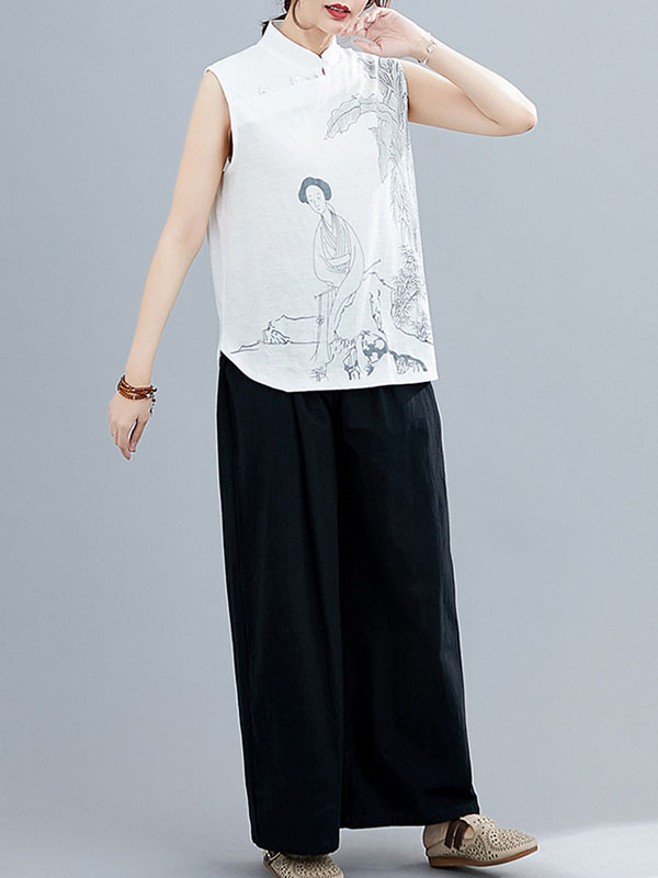 flowersverse Artistic Retro Chinese-Style Printed Buttoned Stand Collar Sleeveless Vest