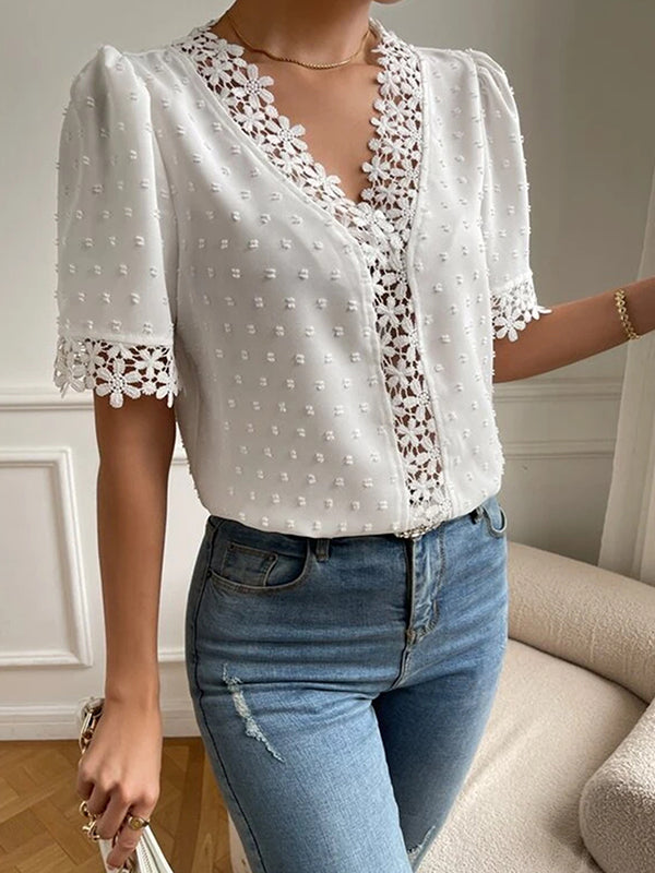 flowersverse Applique Solid Color Loose Short Sleeves V-neck Blouses&shirts Tops