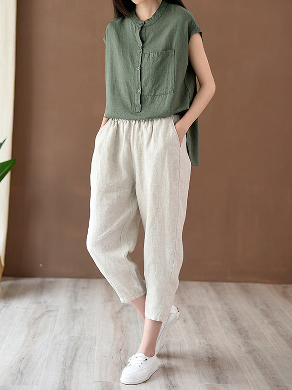 flowersverse Solid Color Cap Sleeve High-Low Stand Collar Blouses&Shirts Tops