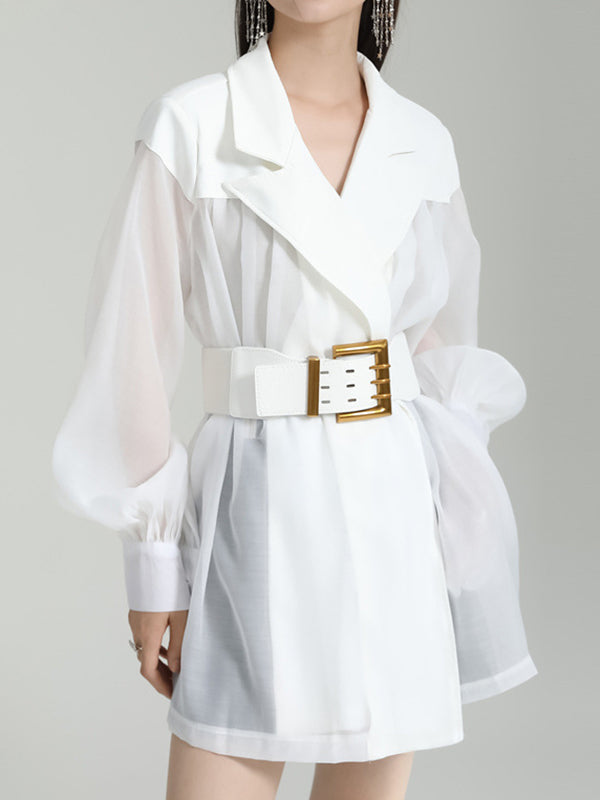 flowersverse See-Through Split-Joint Tied Waist Loose Puff Sleeves Lapel Blouses&Shirts Tops