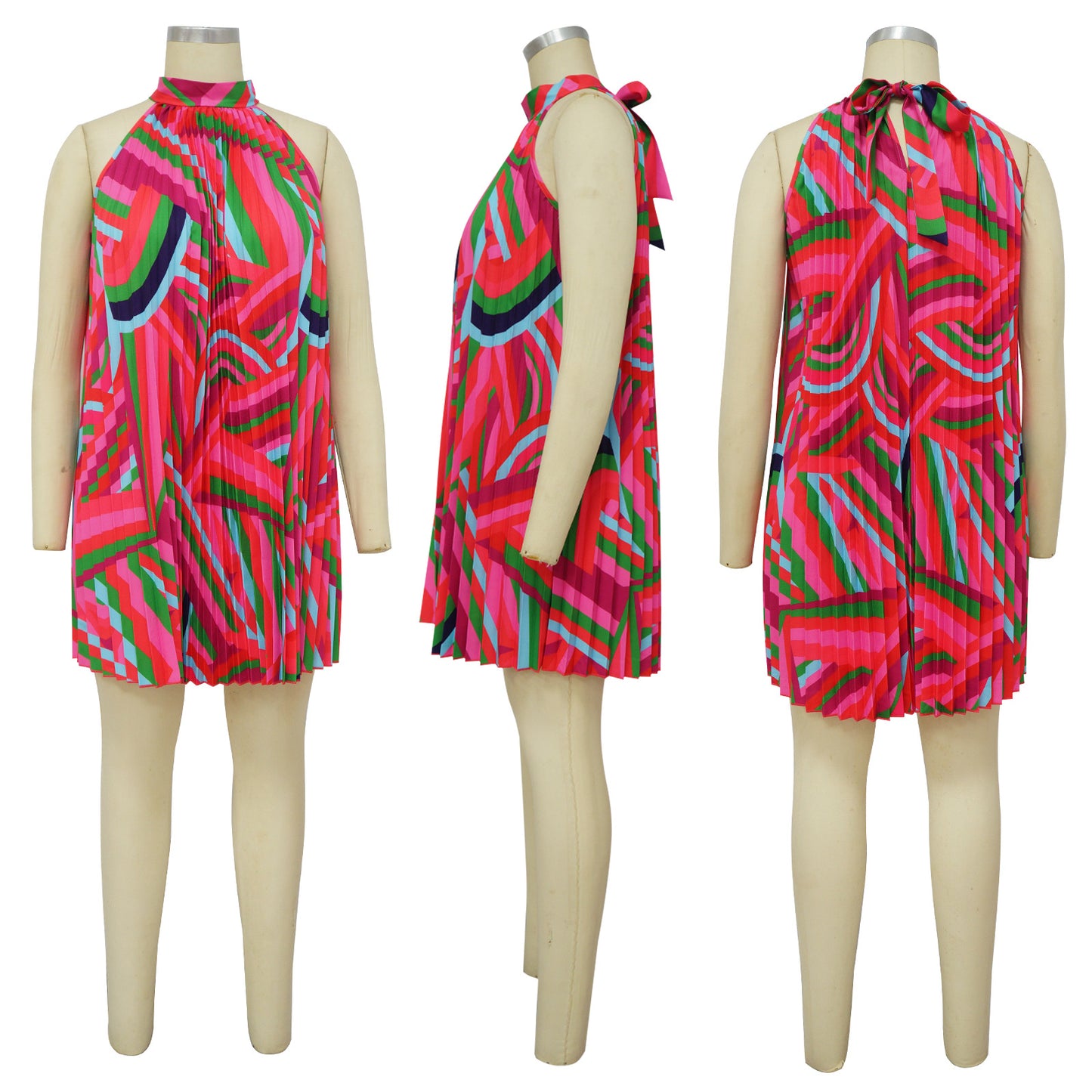 flowersverse Women's Beach Dress Off Shoulder Sleeveless Printed Pleated Dress