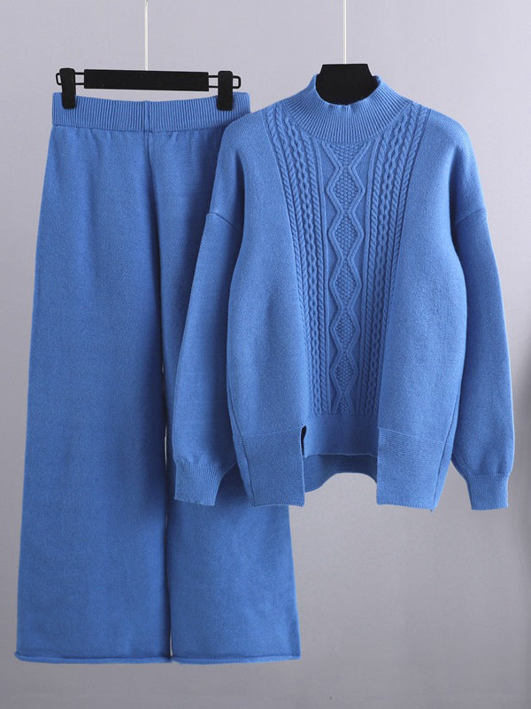 flowersverse Urban Loose Split-Side Half Turtleneck Sweater Tops& Wide Leg Pants Two Pieces Set