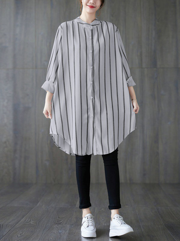flowersverse Buttoned Striped Long Sleeves Loose Blouses&Shirts Tops