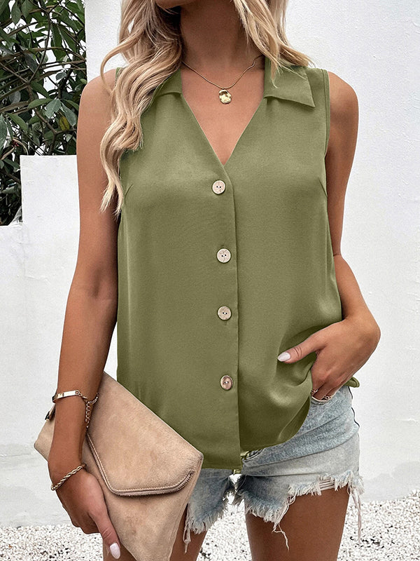 flowersverse Buttoned Solid Color Split-Joint Loose Sleeveless V-neck Vest Top