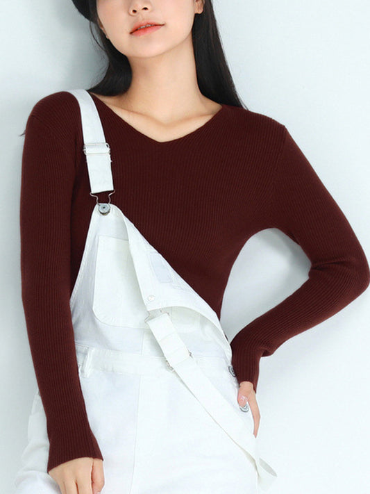 flowersverse Solid Color Long Sleeves Skinny V-neck Sweater Tops Pullovers Knitwear