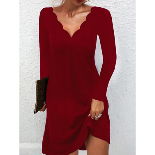flowersverse Women's Casual Dress T Shirt Dress Tee Dress Shift Dress Midi Dress Black Red Long Sleeve Pure Color Ruffle Winter Fall Autumn V Neck Fashion Winter Dress Fall Dress S M L XL XXL