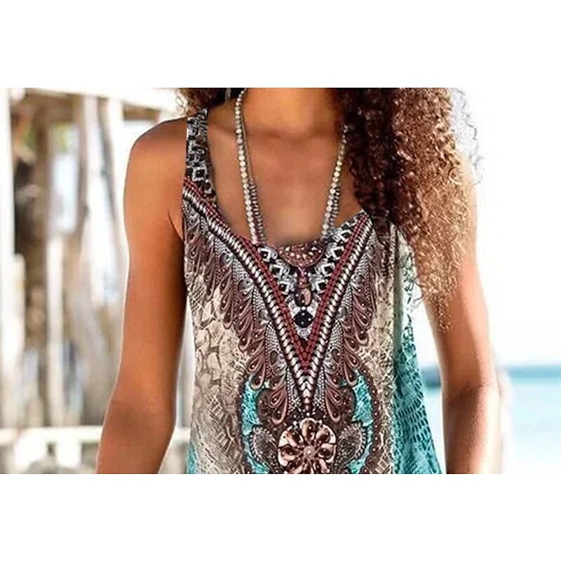 flowersverse Women's Cover Up Beach Dress Beach Wear Mini Dress Print Ethnic Casual Tribal Spaghetti Strap Sleeveless Loose Fit Outdoor Daily Green Spring Summer S M L XL
