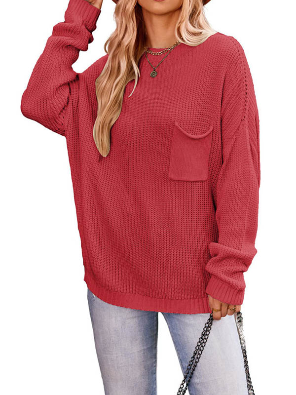 flowersverse Pockets Solid Color Long Sleeves Loose Round-Neck Sweater Tops Pullovers