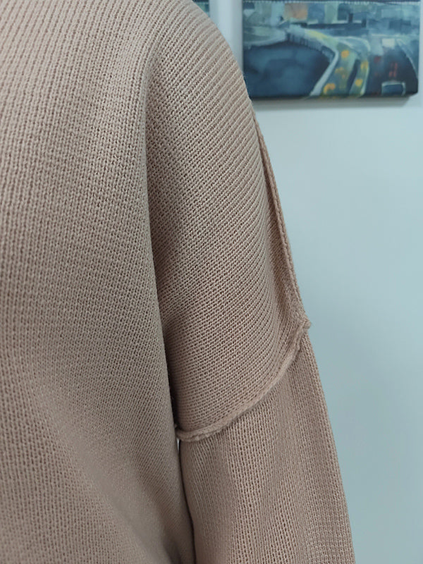 flowersverse Casual Long Sleeves Loose Split-Side Solid Color Round-Neck Sweater Tops