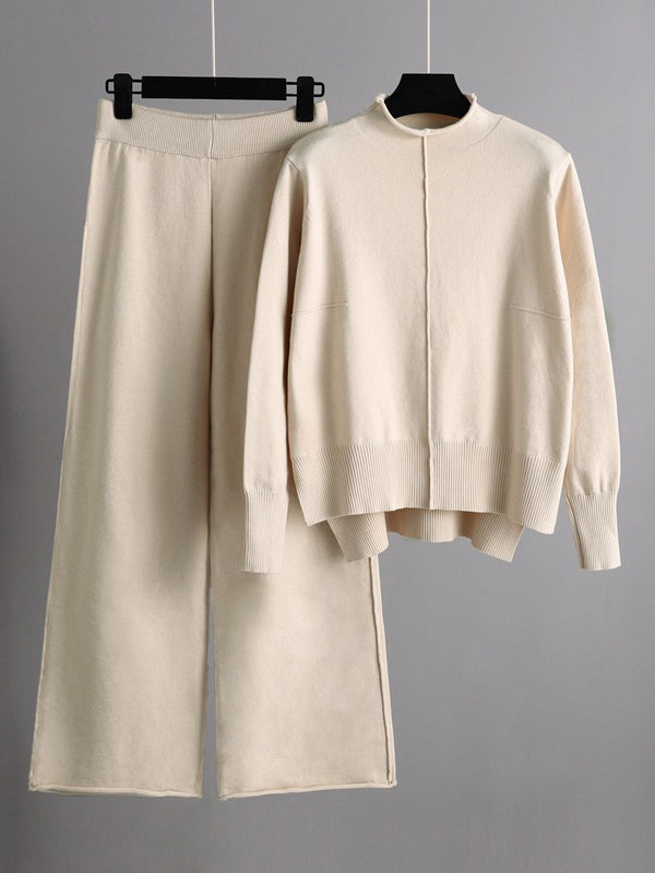 flowersverse Stylish High-Low Long Sleeves Split-Side Solid Half Turtleneck Sweater Tops & Wide Leg Pants Two Pieces Set