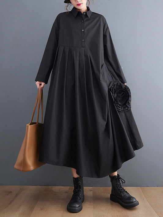 flowersverse Urban Floral Applique Pleated Long Sleeves Shirt Dress Midi Dress