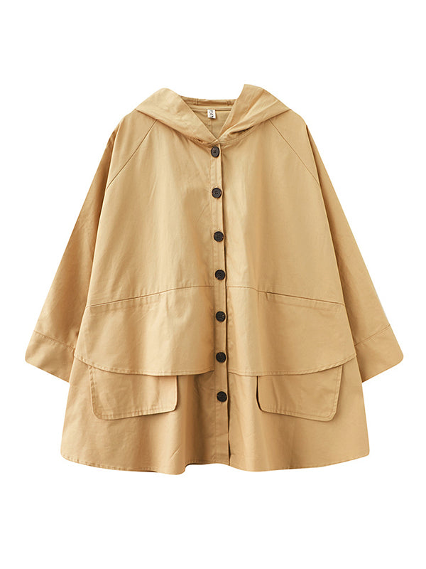 flowersverse Loose Solid Color Buttoned Hooded Long Sleeves Trench Coat
