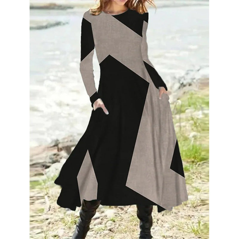 flowersverse Women's Round Neck Casual Ethnic Retro Fashion Long Sleeve Oversized Swing Dress