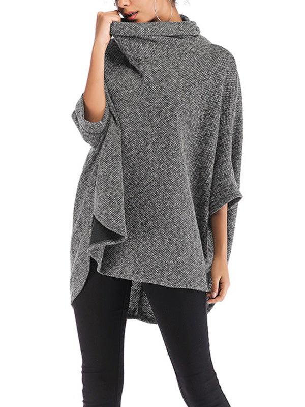 flowersverse Solid Color Batwing Sleeves High-Low High Neck Sweater Tops Pullovers Knitwear