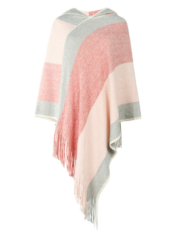 flowersverse Casual Loose Striped Tasseled Hooded Cape