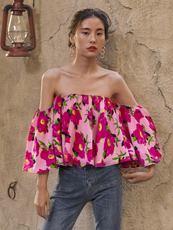 flowersverse Batwing Sleeves Floral Printed One-Shoulder Top