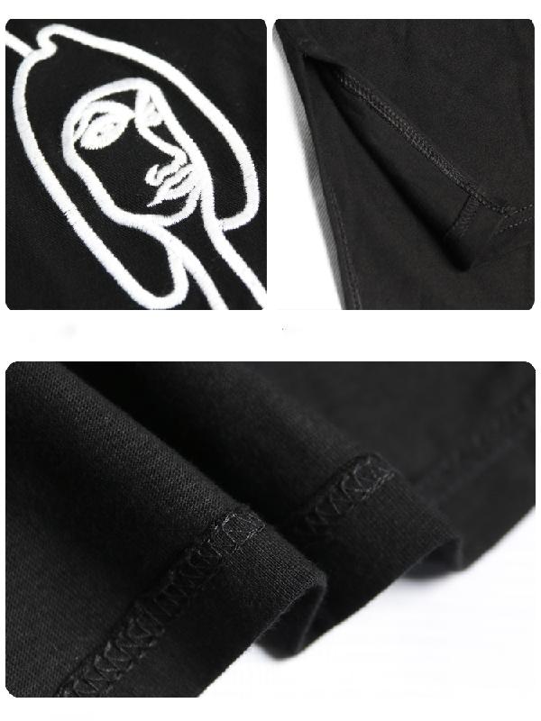 flowersverse Embroidered Black&White Loose Round-Neck T-Shirt