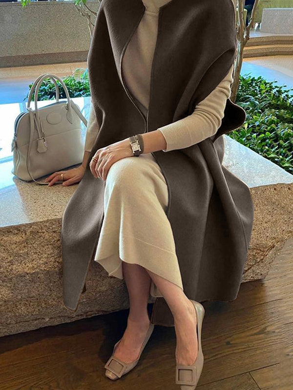flowersverse Simple Sleeveless Solid Color Round-Neck Cape Outerwear
