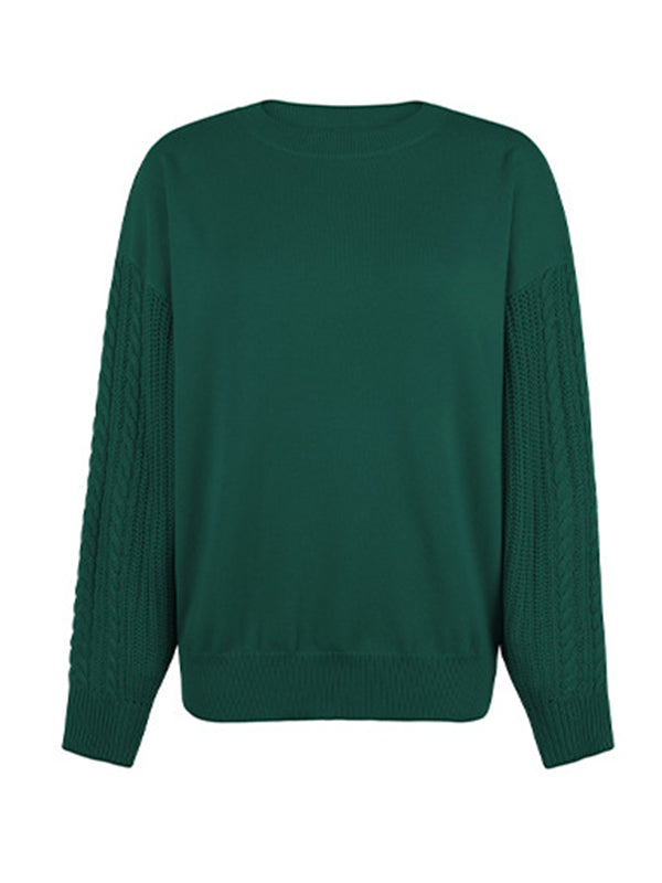 flowersverse Knitted Twist Long Sleeves Solid Color Round-Neck Sweater Tops