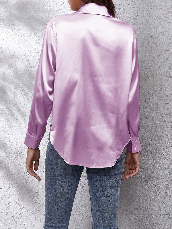 flowersverse Solid Color Long Sleeves Loose Lapel Blouses&Shirts Tops