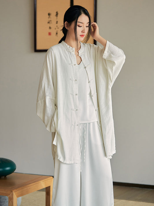 flowersverse Artistic Retro Loose Solid Color Linen Blouse