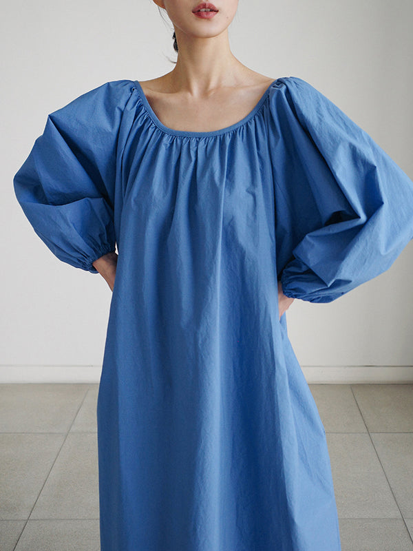 flowersverse Original Casual Loose Solid Color Pleated Puff Sleeves Midi Dress