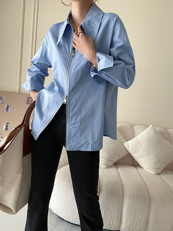 flowersverse Fashion Long Sleeves Solid Color Zipper Lapel Collar Blouses