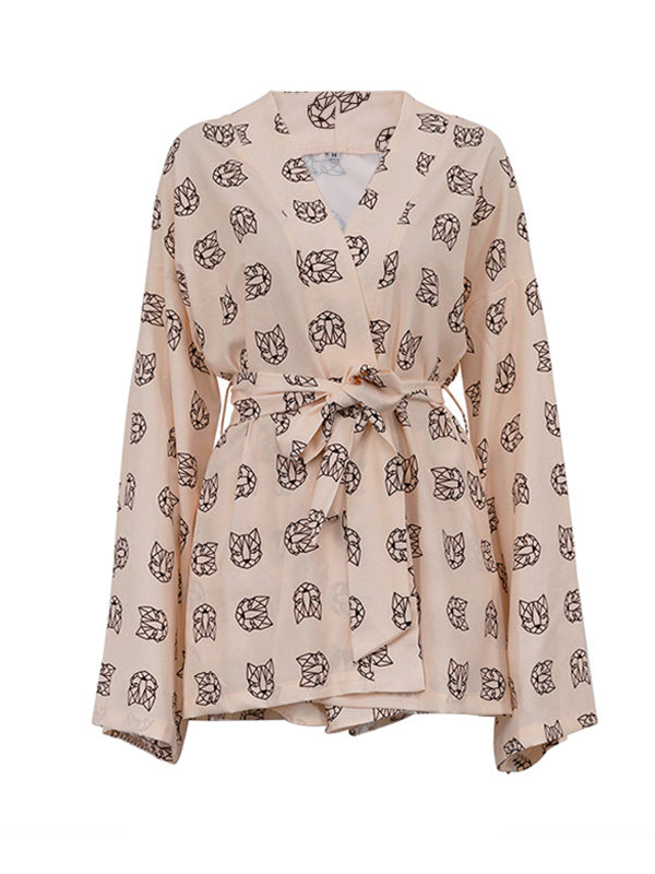 flowersverse Loose Printed Long Sleeves Tied Waist Robes + High-Waisted Short Bottom Robes Pajama Sets