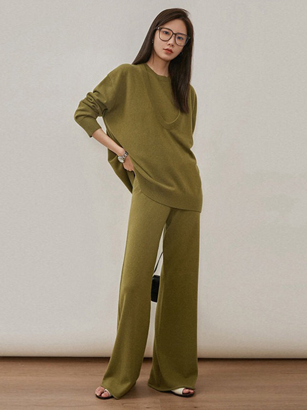 flowersverse Urban Loose Solid Round-Neck Vest Top& V-Neck Sweater Tops& Wide Leg Pants Three-Piece Set