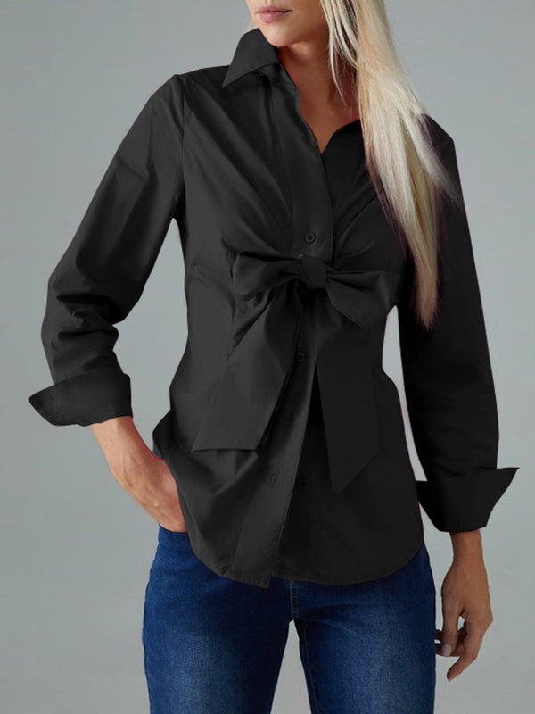 flowersverse Long Sleeves Bow-Embellished Buttoned Solid Color Lapel Blouses&Shirts Tops