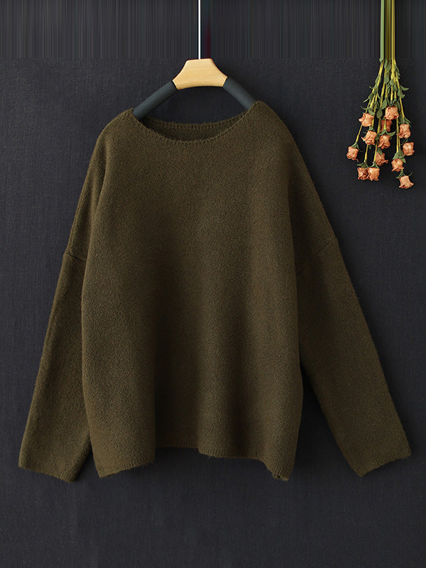 flowersverse Simple Long Sleeves Loose Solid Color Round-Neck Sweater Tops