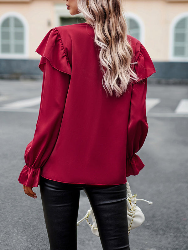 flowersverse Asymmetric Hollow Long Sleeves Loose V-Neck Blouses&Shirts Tops
