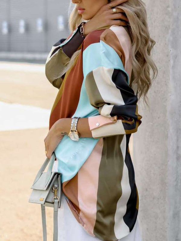 flowersverse Stylish Selection Long Sleeves Loose Contrast Color Lapel Collar Blouses&Shirts Tops
