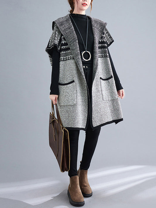 flowersverse Artistic Retro Loose Casual With Pocket Hooded Short Sleeves Cardigan Outwear