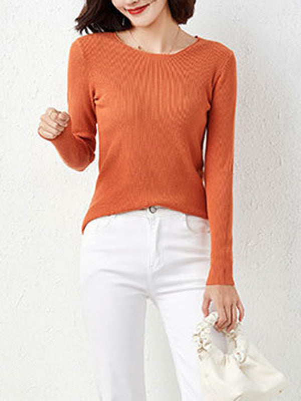flowersverse Solid Color Long Sleeves Skinny Round-Neck Sweater Tops Pullovers Knitwear