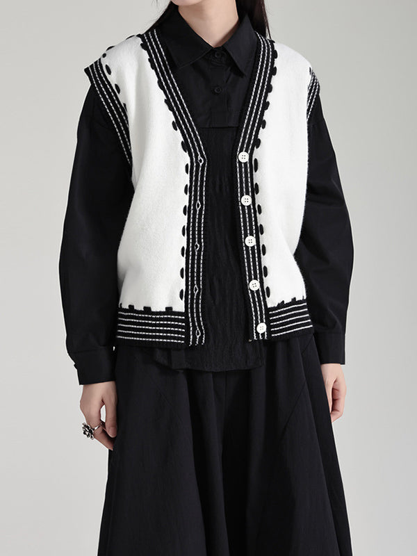 flowersverse Buttoned Contrast Color Loose Sleeveless V-Neck Vest Outerwear