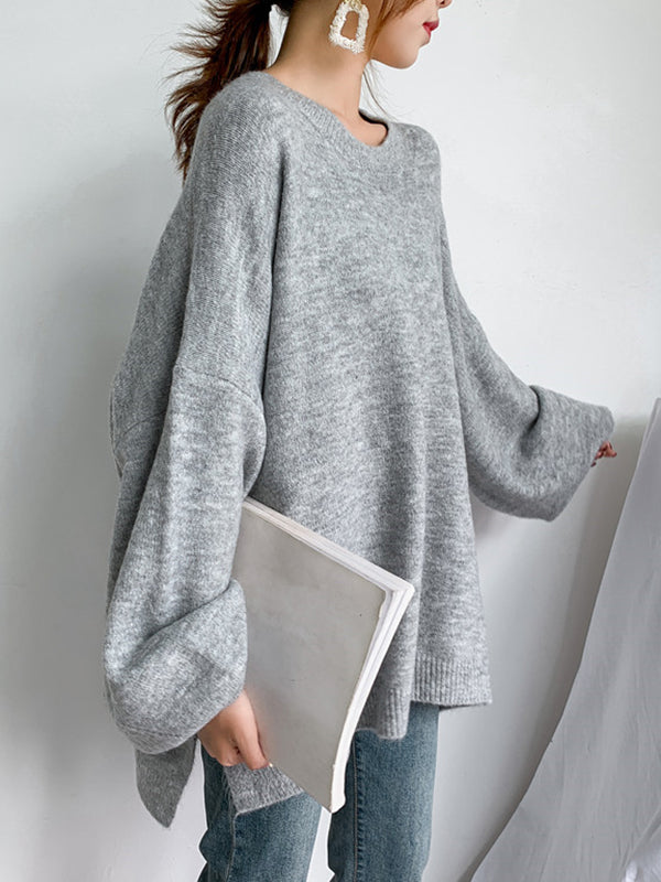 flowersverse Stretch Mohair-Blend Balloon Sleeves Loose Solid Round-Neck Sweater Tops