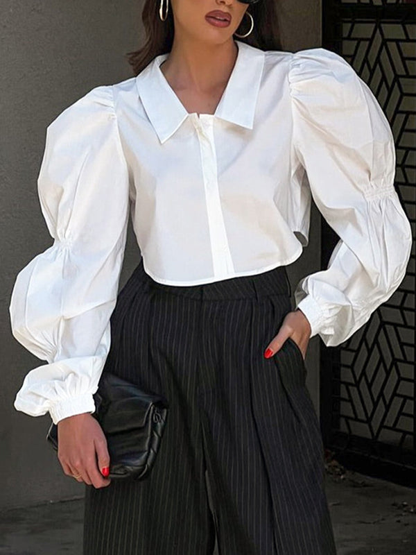 flowersverse Buttoned Elasticity Solid Color Bishop Sleeve Long Sleeves Lapel Blouses&Shirts Tops