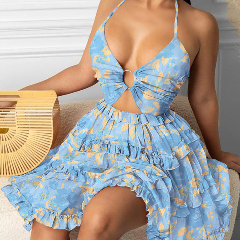 flowersverse Women's Summer Sexy Cutout Halter Neck V-Neck Cake Dress