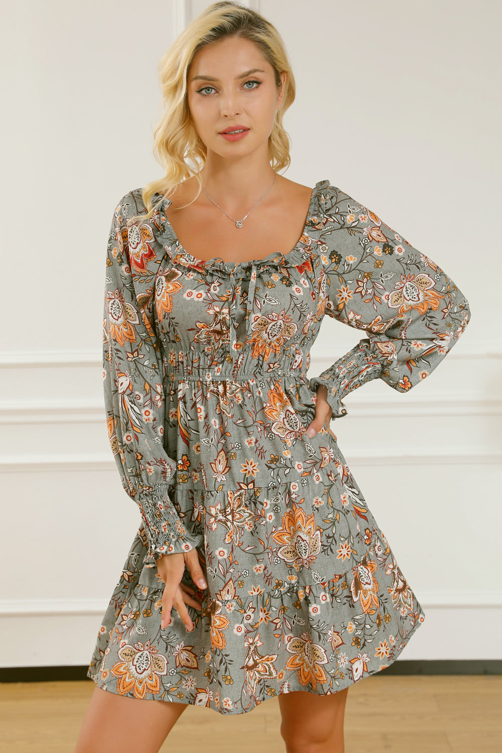 flowersverse Multicolour Floral Long Sleeve Frilled U-Neck Ruffled Dress