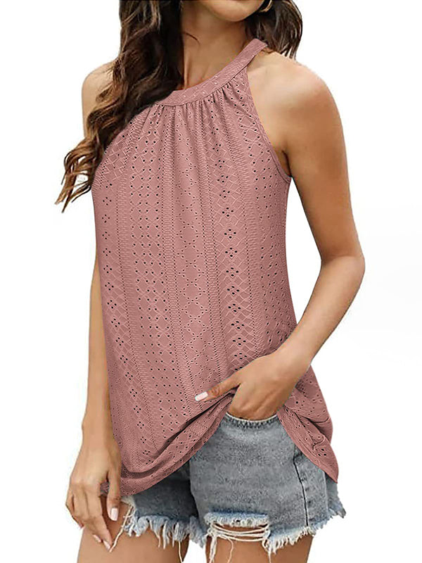 flowersverse Hollow Solid Color Loose Sleeveless Round-Neck Vest Top