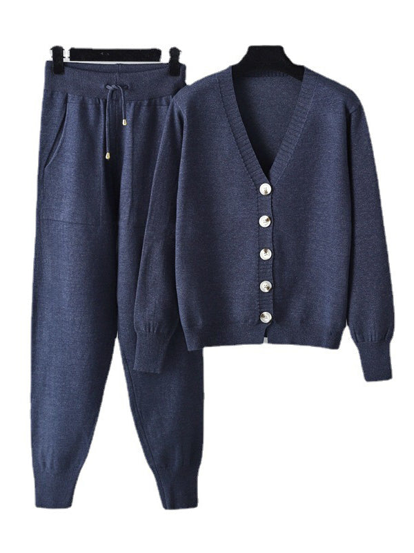 flowersverse Casual Loose Solid Color V-Neck Cardigan Tops & Harem Pants Two Pieces Set