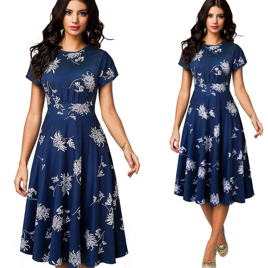 flowersverse Women Vintage Elegant Floral Print Pleated Round Neck A-Line Pinup Party Dress Black Dresses