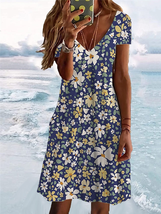 flowersverse Women's Casual Dress Summer Dress Print Dress Floral Print V Neck Mini Dress Active Fashion Outdoor Daily Short Sleeve Regular Fit White Pink Navy Blue Spring Summer S M L XL XXL