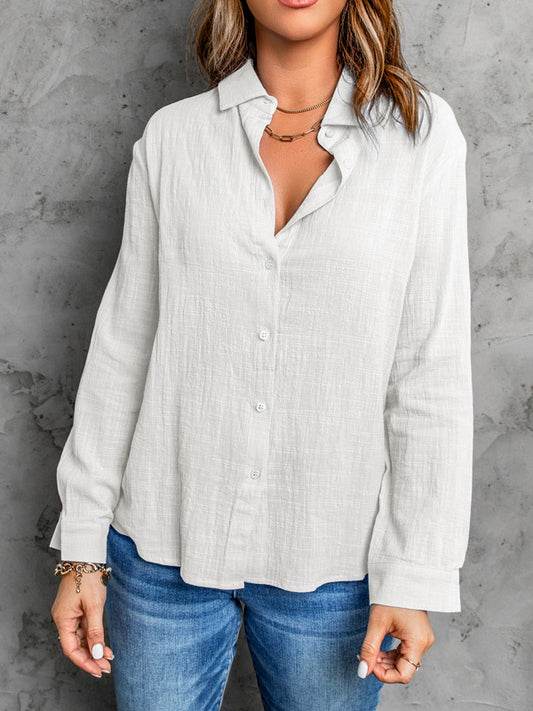flowersverse Casual Long Sleeves Loose Solid Color Lapel Collar Blouses