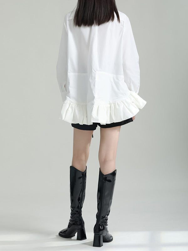 flowersverse Asymmetric Solid Color Cropped Long Sleeves Lapel Blouses&shirts Tops