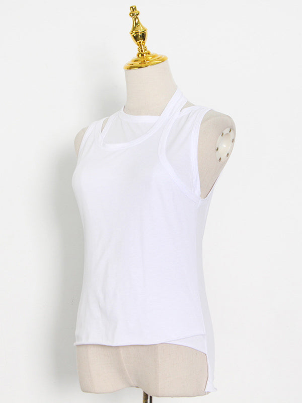 flowersverse False Two Solid Color Sleeveless Vest Tops