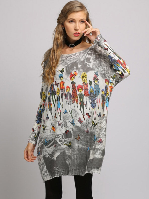 flowersverse Urban Colorful Knitting Printed Long Sleeves Sweater